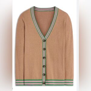 Boden Tan Cardigan with Pink & Green Stripe Trim